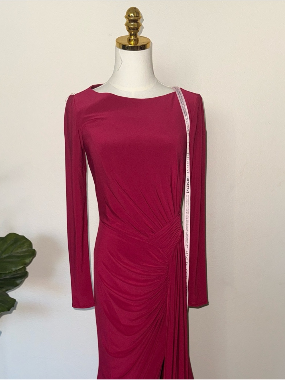 Mac Duggal Berry Long-Sleeve Ruched Evening Gown with Side Slit - Picture 6 of 7